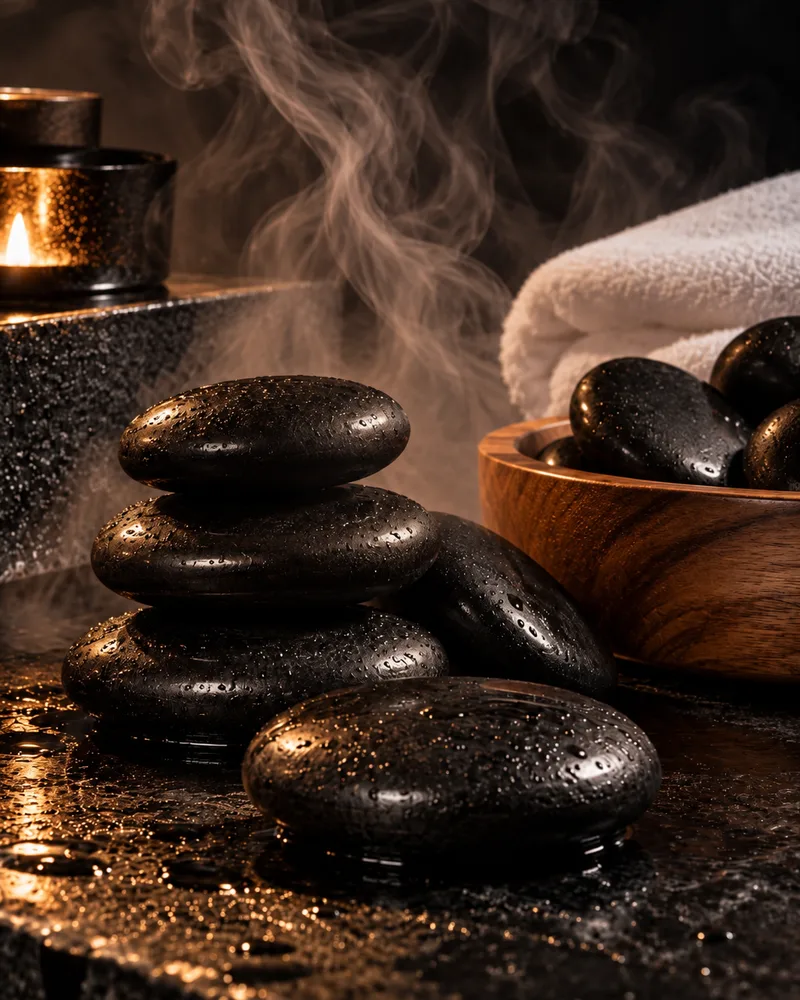 Warmed basalt stones stacked by candlelight, steam still rising from them